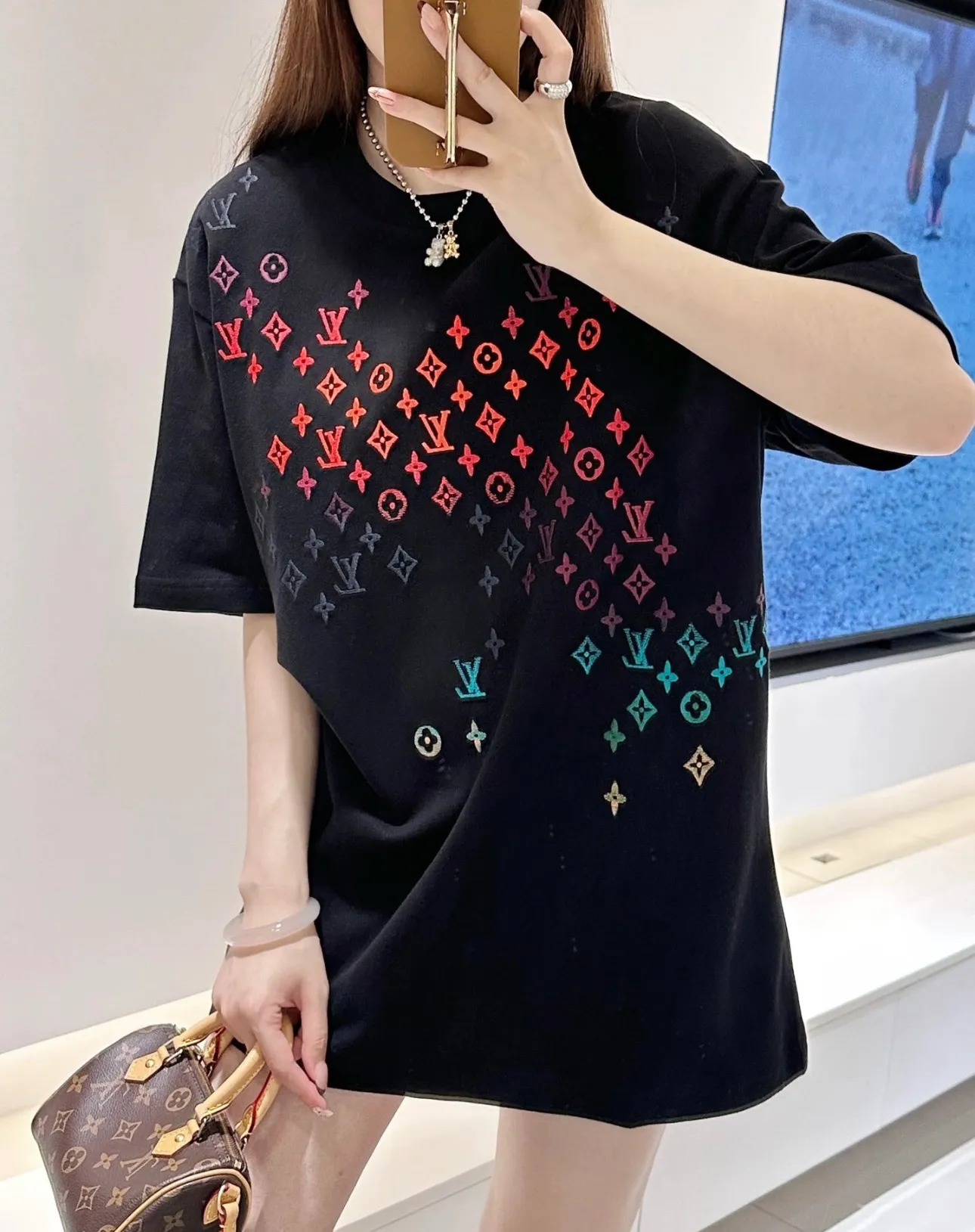 Louis Vuitton/Louis Vuitton full-width three-flower printed embroidered short sleeves
